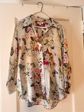 L’agence Floral Butterfly Button-Up Blouse in Cream and Multicolor